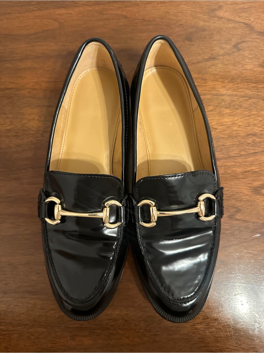J. Crew Black Patent Loafers with Gold Horsebit